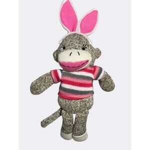 Sock Monkey Plush Toy With Pink Bunny Ears And Striped Sweater 12 Inches Tall
